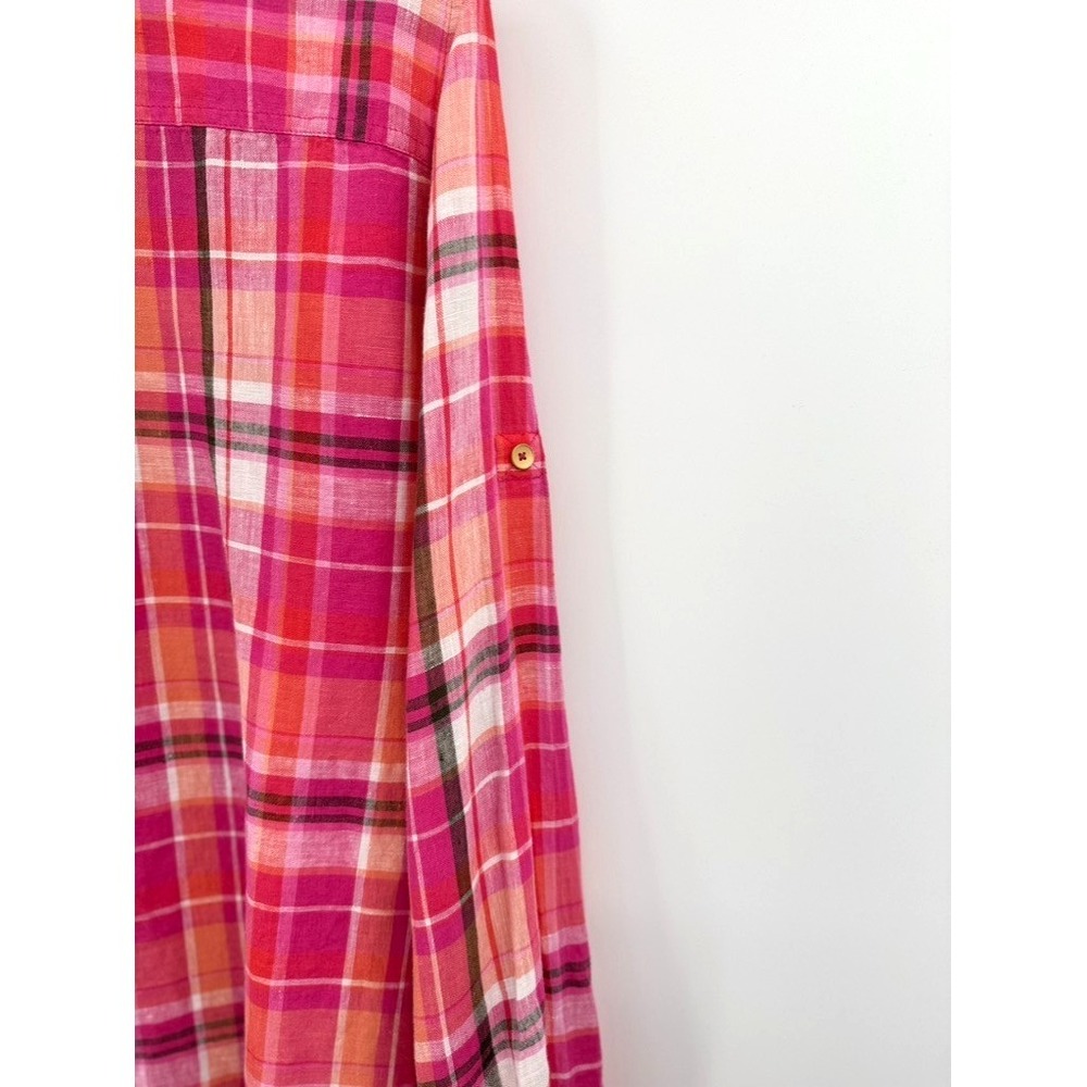 Jones New York Sport Shirt L 100% Linen Plaid Madras Button Front Preppy - Picture 7 of 12